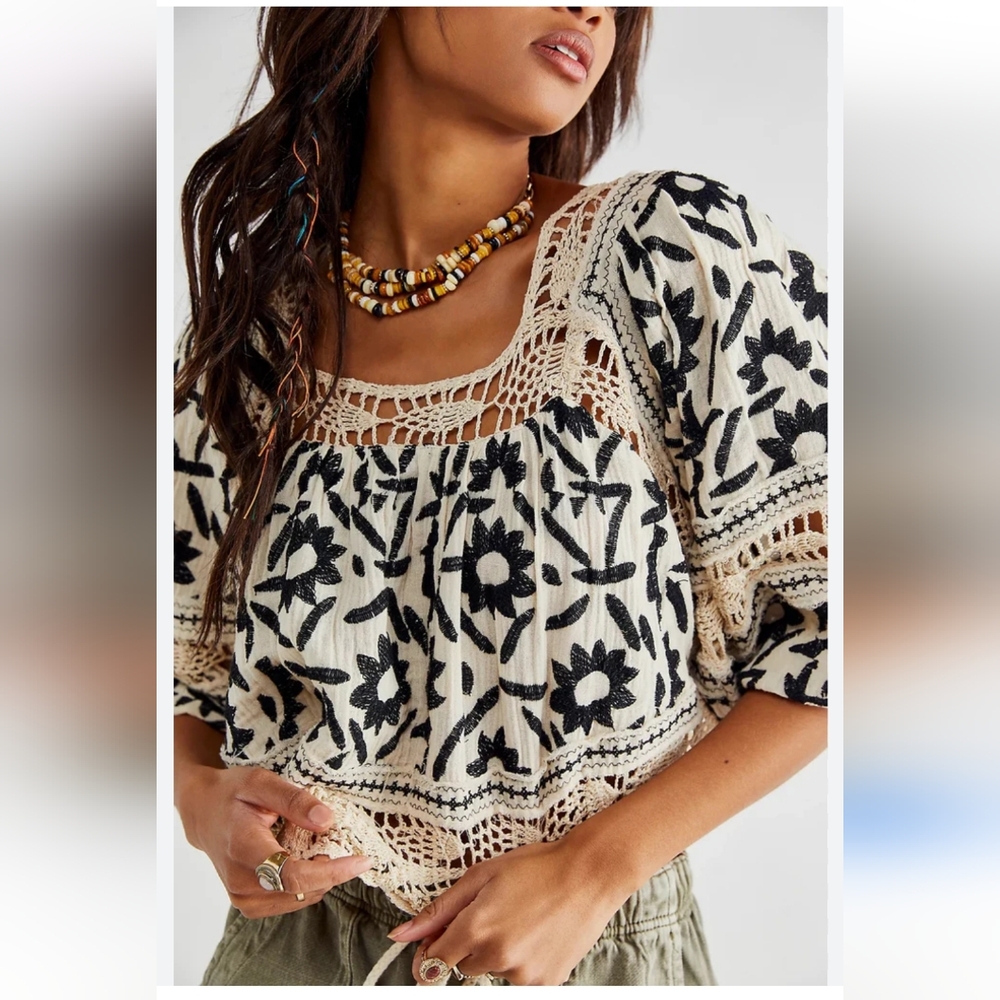 Free People Embroidered Soleil Square Neck Balloon Sleeve Top XS Boho
